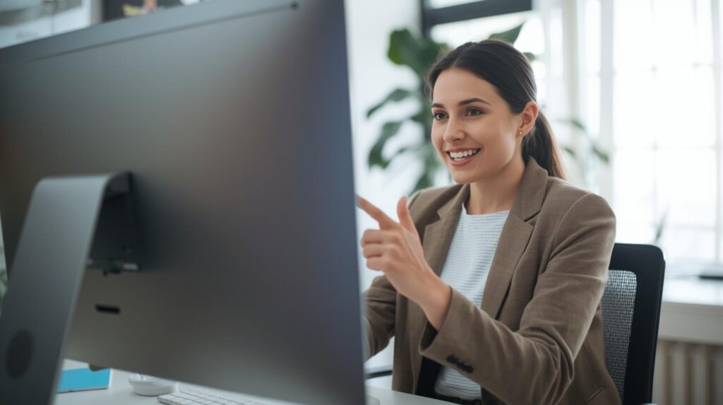 Professional practicing a role-play sales presentation on camera as part of partner readiness training.