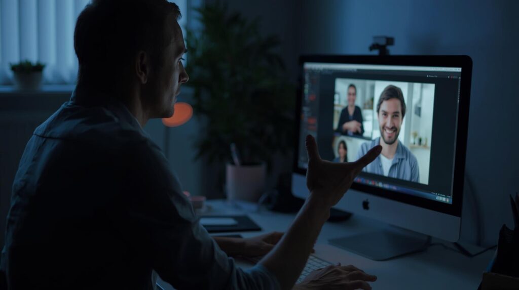 Professional participating in a video-based role play session to practice and evaluate partner readiness.